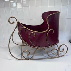 Red Metal Vintage Sleigh Red Gold Scroll Trim Holiday Centerpiece Planter Decor